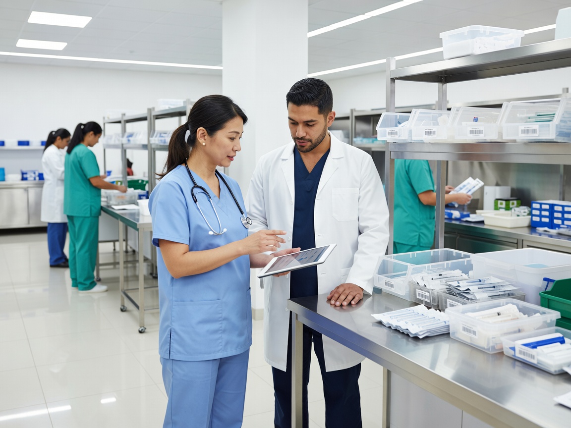 Healthcare staff discussing work beside a clean clinical supply preparation area