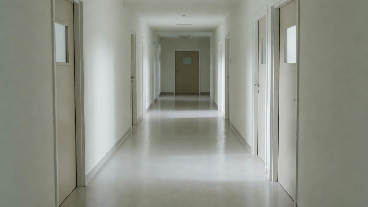 Hospital corridor in natural light with doorways and an unobstructed walking route