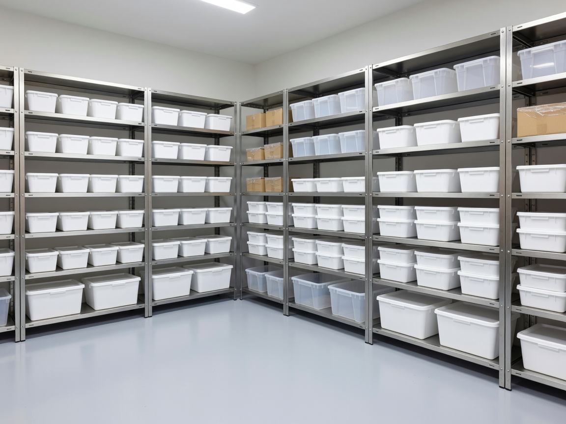 Clean hospital supply area with organised shelves and closed storage containers